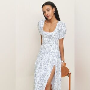Reformation Couco Floral Linen Midi Dress Blue White